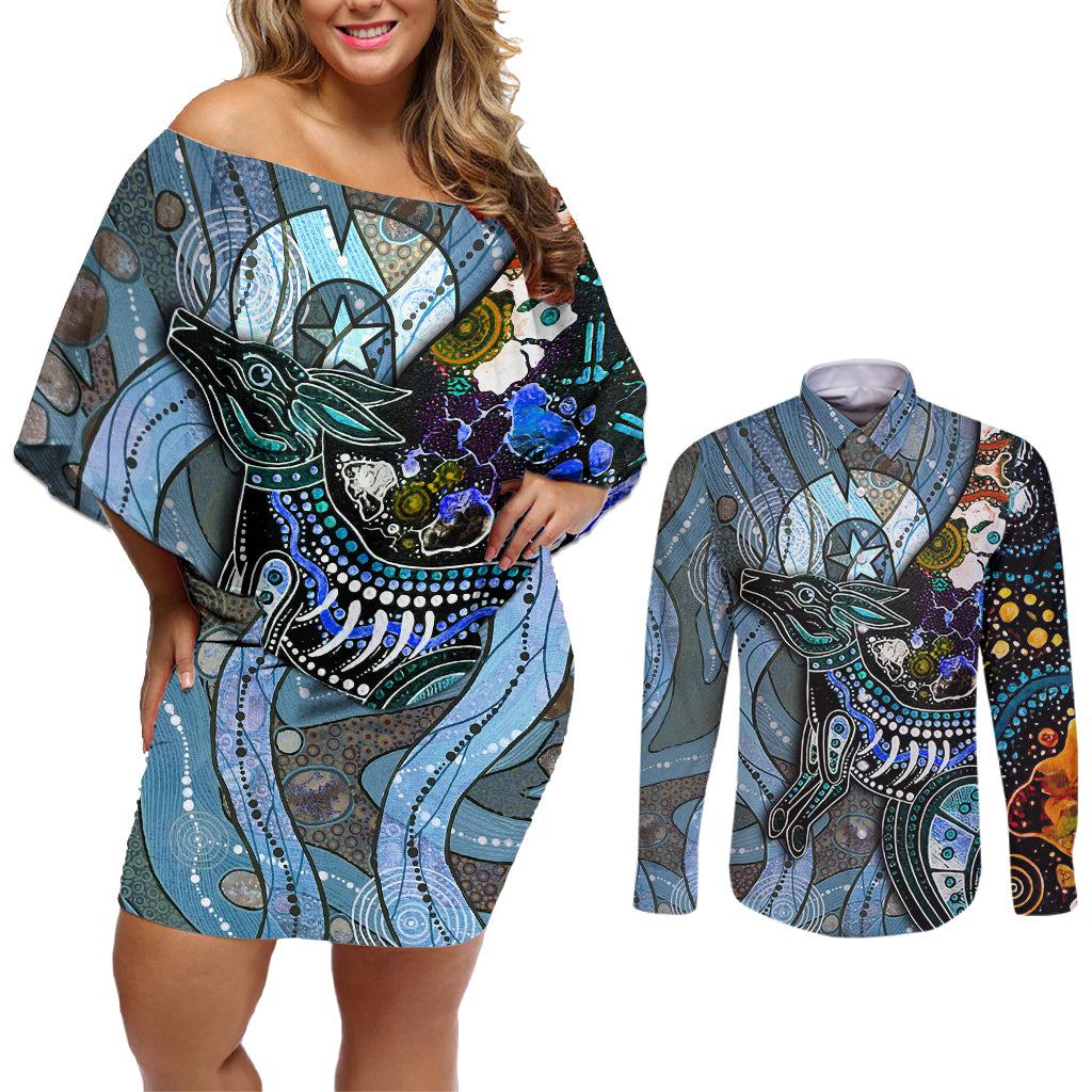 Kangaroo Aboriginal Pattern Dot Art Couples Matching Off Shoulder Short Dress and Long Sleeve Button Shirt