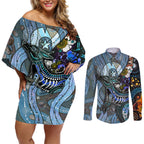Kangaroo Aboriginal Pattern Dot Art Couples Matching Off Shoulder Short Dress and Long Sleeve Button Shirt