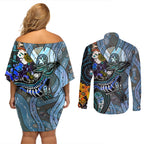 Kangaroo Aboriginal Pattern Dot Art Couples Matching Off Shoulder Short Dress and Long Sleeve Button Shirt