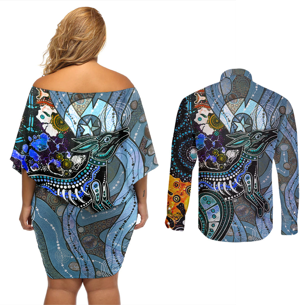 Kangaroo Aboriginal Pattern Dot Art Couples Matching Off Shoulder Short Dress and Long Sleeve Button Shirt
