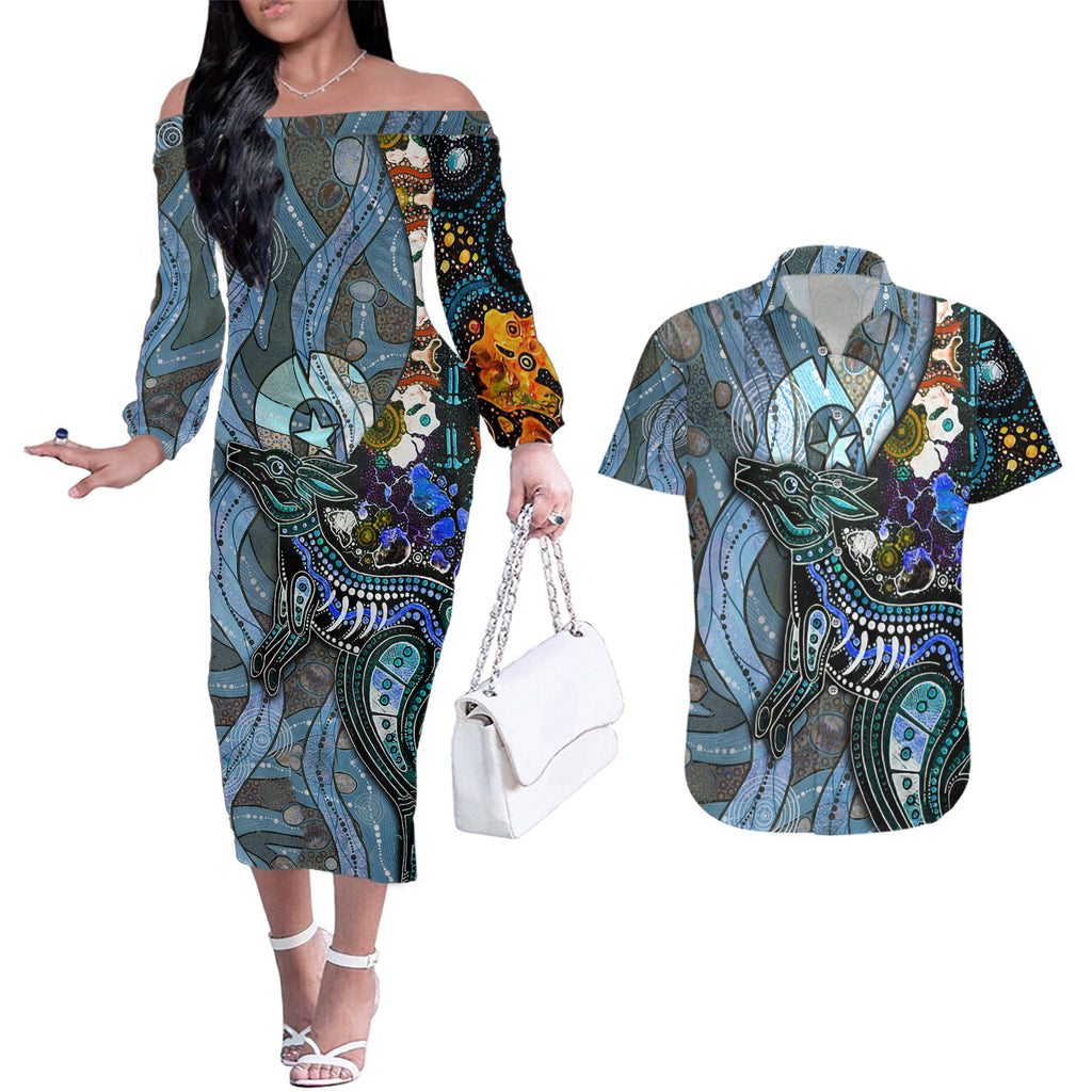 Kangaroo Aboriginal Pattern Dot Art Couples Matching Off The Shoulder Long Sleeve Dress and Hawaiian Shirt