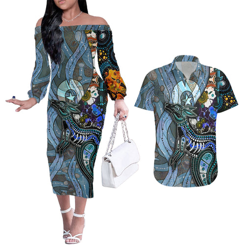 Kangaroo Aboriginal Pattern Dot Art Couples Matching Off The Shoulder Long Sleeve Dress and Hawaiian Shirt