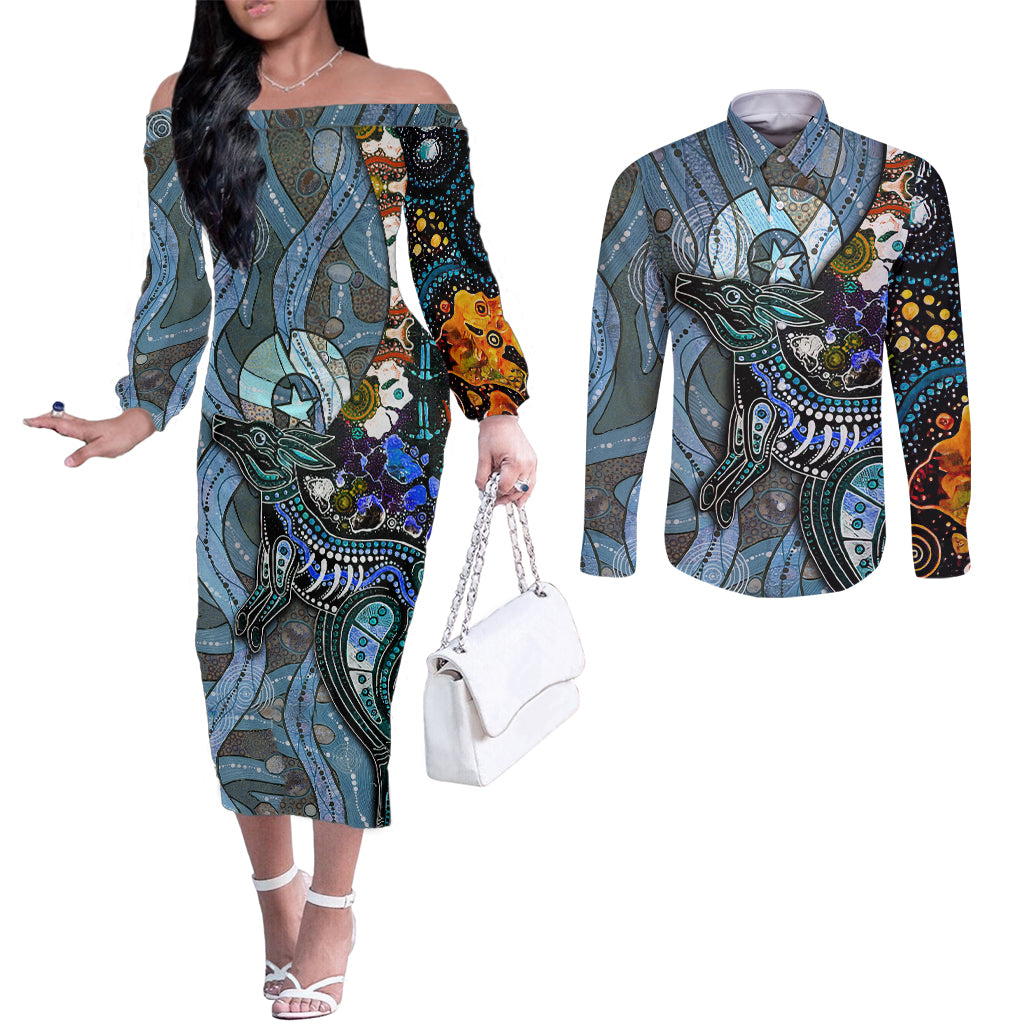 Kangaroo Aboriginal Pattern Dot Art Couples Matching Off The Shoulder Long Sleeve Dress and Long Sleeve Button Shirt