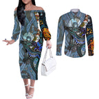 Kangaroo Aboriginal Pattern Dot Art Couples Matching Off The Shoulder Long Sleeve Dress and Long Sleeve Button Shirt