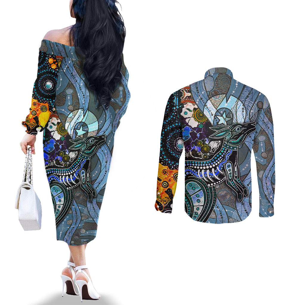Kangaroo Aboriginal Pattern Dot Art Couples Matching Off The Shoulder Long Sleeve Dress and Long Sleeve Button Shirt