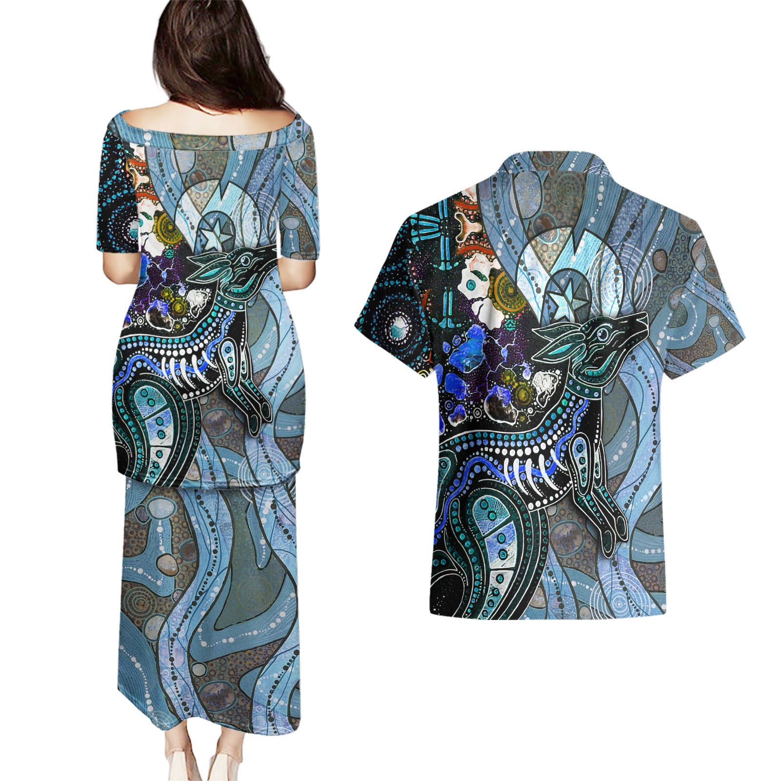 Kangaroo Aboriginal Pattern Dot Art Couples Matching Puletasi and Hawaiian Shirt