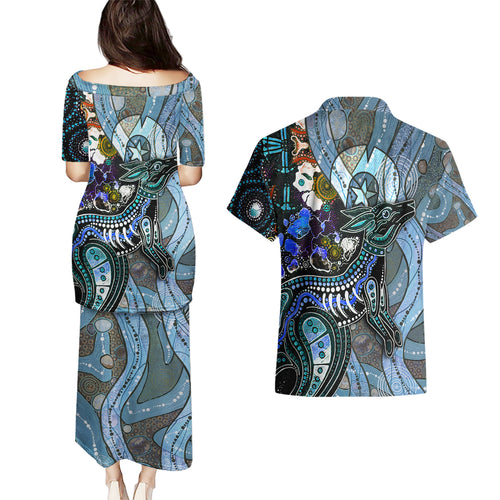 Kangaroo Aboriginal Pattern Dot Art Couples Matching Puletasi and Hawaiian Shirt