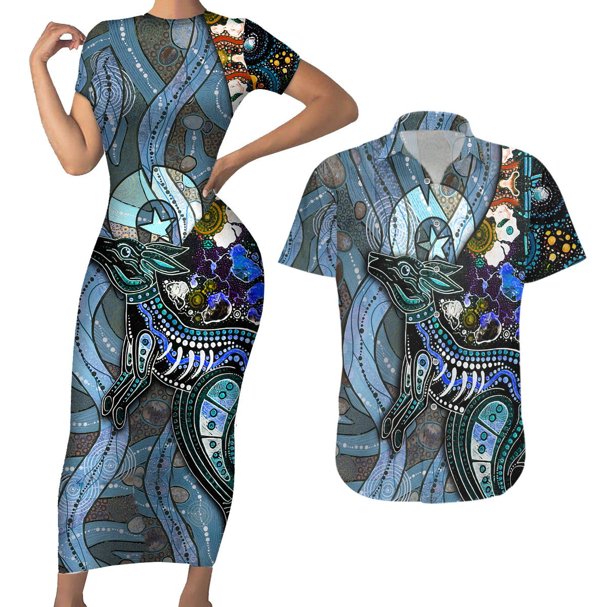 Kangaroo Aboriginal Pattern Dot Art Couples Matching Short Sleeve Bodycon Dress and Hawaiian Shirt