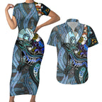 Kangaroo Aboriginal Pattern Dot Art Couples Matching Short Sleeve Bodycon Dress and Hawaiian Shirt