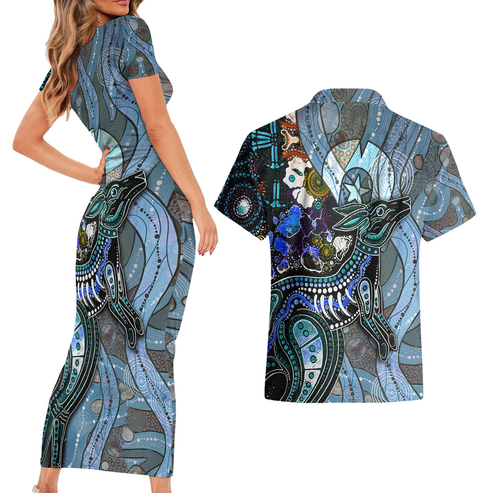 Kangaroo Aboriginal Pattern Dot Art Couples Matching Short Sleeve Bodycon Dress and Hawaiian Shirt