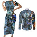 Kangaroo Aboriginal Pattern Dot Art Couples Matching Short Sleeve Bodycon Dress and Long Sleeve Button Shirt