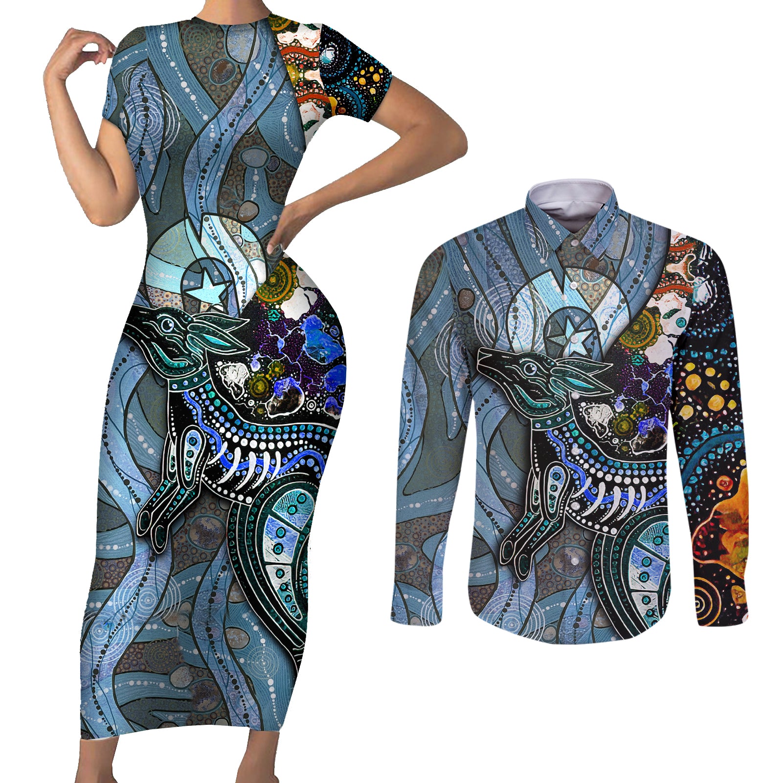 Kangaroo Aboriginal Pattern Dot Art Couples Matching Short Sleeve Bodycon Dress and Long Sleeve Button Shirt