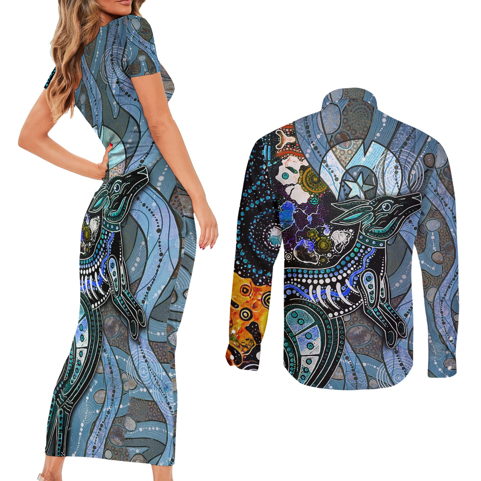 Kangaroo Aboriginal Pattern Dot Art Couples Matching Short Sleeve Bodycon Dress and Long Sleeve Button Shirt