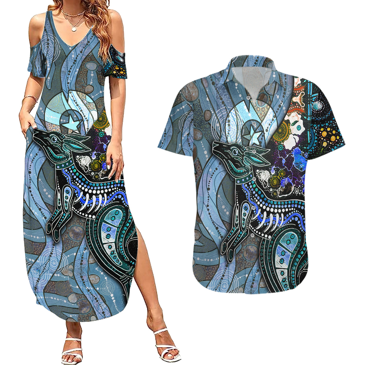 Kangaroo Aboriginal Pattern Dot Art Couples Matching Summer Maxi Dress and Hawaiian Shirt