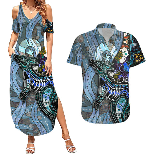 Kangaroo Aboriginal Pattern Dot Art Couples Matching Summer Maxi Dress and Hawaiian Shirt
