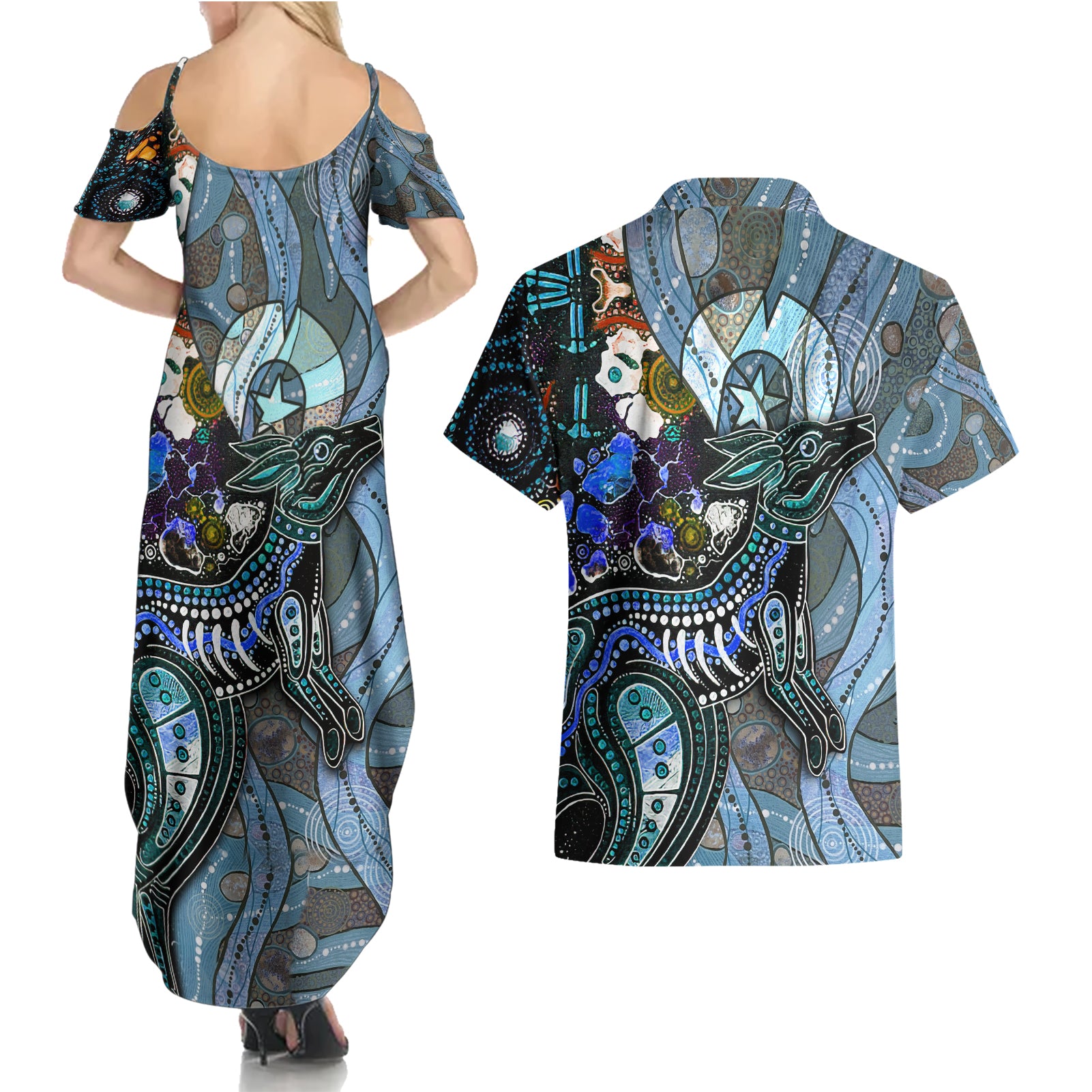 Kangaroo Aboriginal Pattern Dot Art Couples Matching Summer Maxi Dress and Hawaiian Shirt