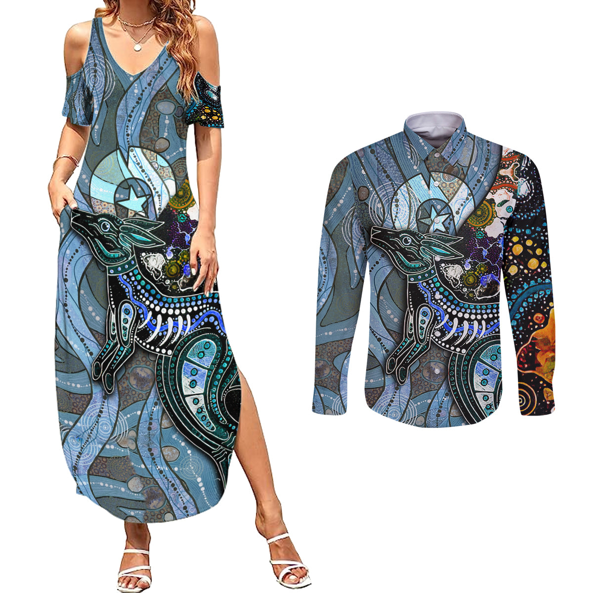 Kangaroo Aboriginal Pattern Dot Art Couples Matching Summer Maxi Dress and Long Sleeve Button Shirt