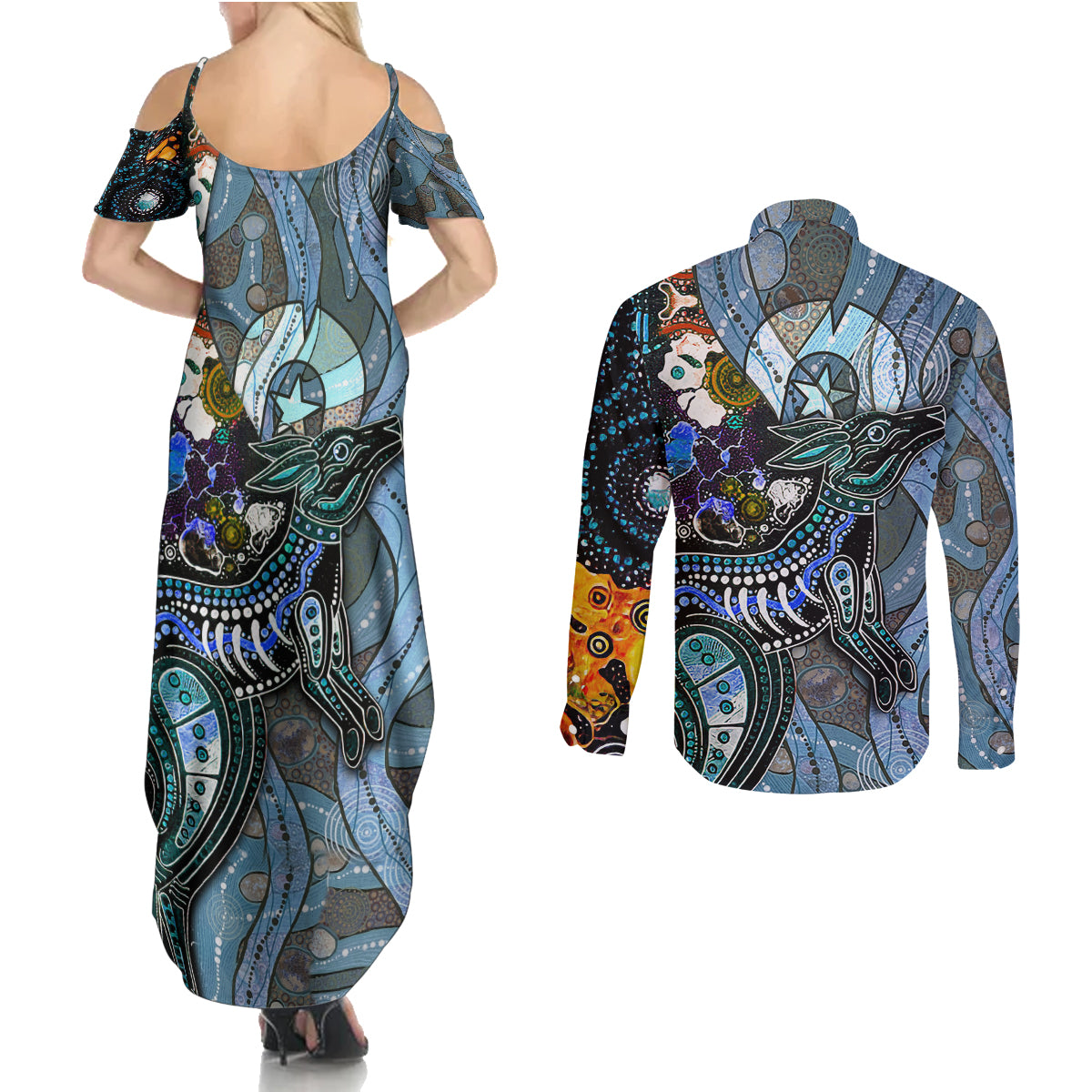 Kangaroo Aboriginal Pattern Dot Art Couples Matching Summer Maxi Dress and Long Sleeve Button Shirt