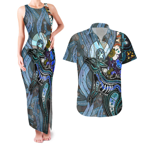 Kangaroo Aboriginal Pattern Dot Art Couples Matching Tank Maxi Dress and Hawaiian Shirt