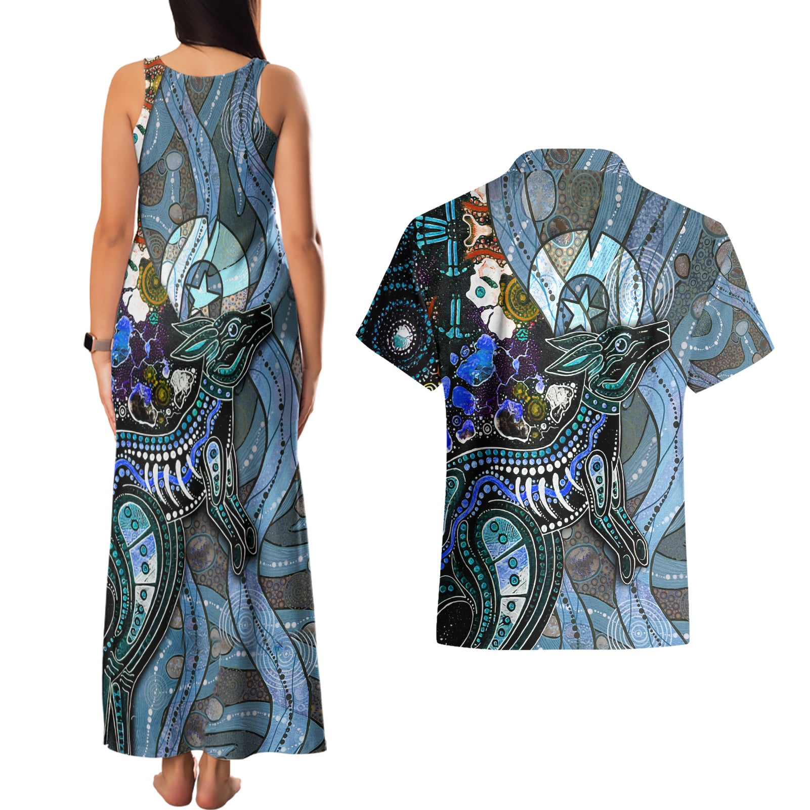 Kangaroo Aboriginal Pattern Dot Art Couples Matching Tank Maxi Dress and Hawaiian Shirt