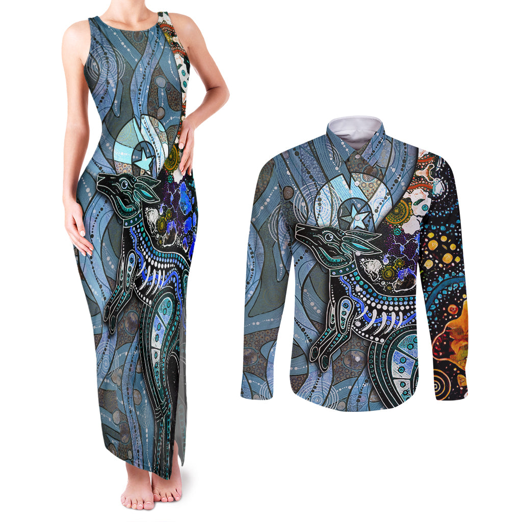 Kangaroo Aboriginal Pattern Dot Art Couples Matching Tank Maxi Dress and Long Sleeve Button Shirt