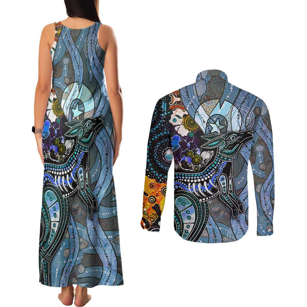 Kangaroo Aboriginal Pattern Dot Art Couples Matching Tank Maxi Dress and Long Sleeve Button Shirt