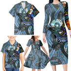 Kangaroo Aboriginal Pattern Dot Art Family Matching Long Sleeve Bodycon Dress and Hawaiian Shirt