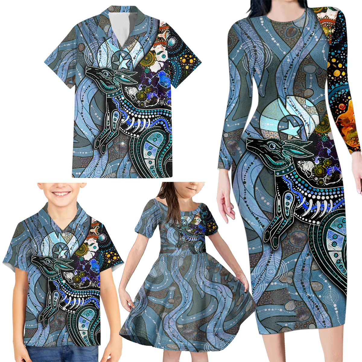Kangaroo Aboriginal Pattern Dot Art Family Matching Long Sleeve Bodycon Dress and Hawaiian Shirt