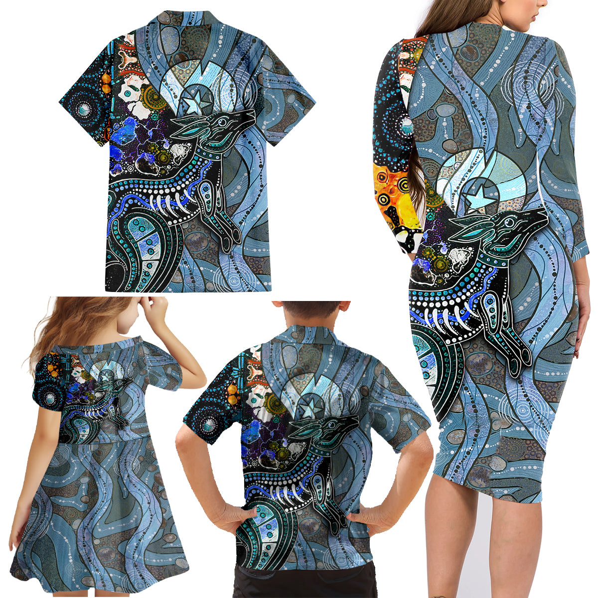 Kangaroo Aboriginal Pattern Dot Art Family Matching Long Sleeve Bodycon Dress and Hawaiian Shirt