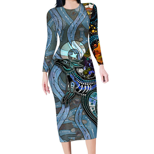 Kangaroo Aboriginal Pattern Dot Art Family Matching Long Sleeve Bodycon Dress and Hawaiian Shirt