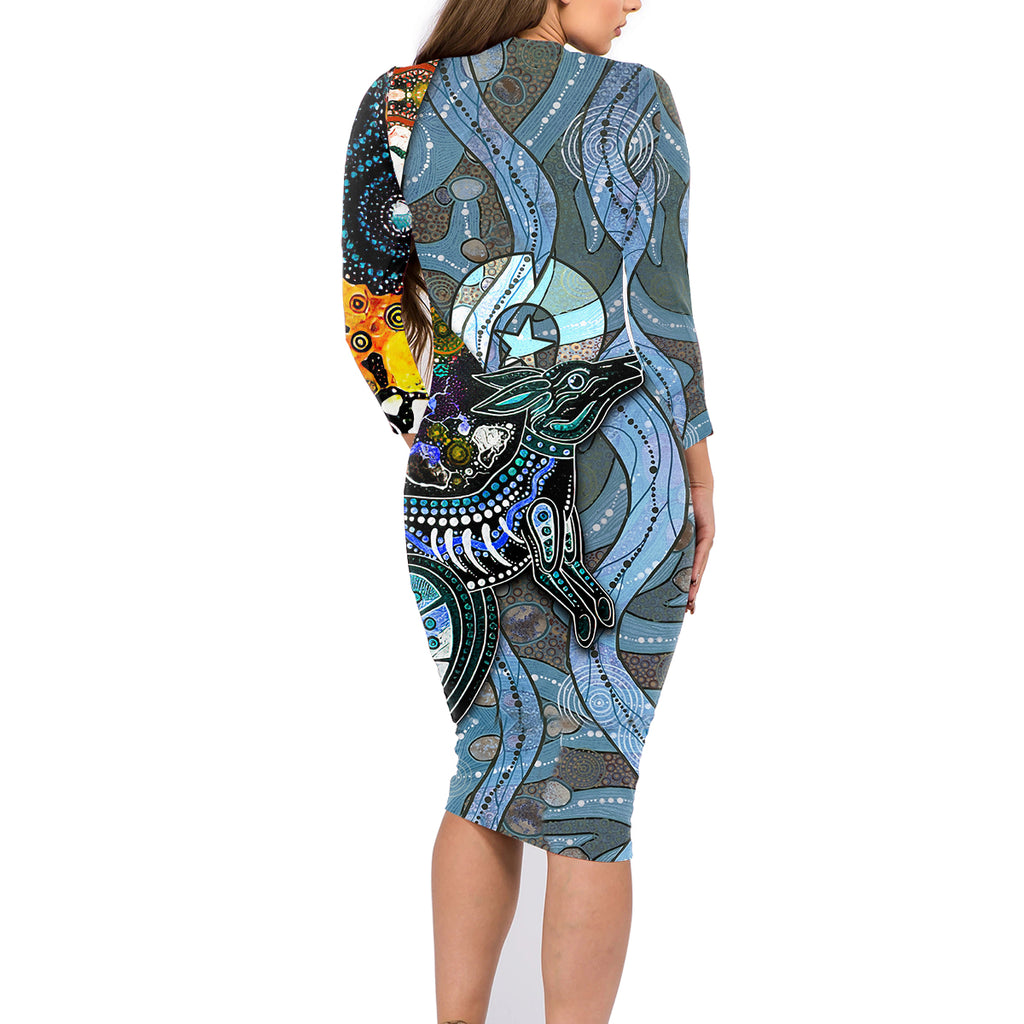 Kangaroo Aboriginal Pattern Dot Art Family Matching Long Sleeve Bodycon Dress and Hawaiian Shirt