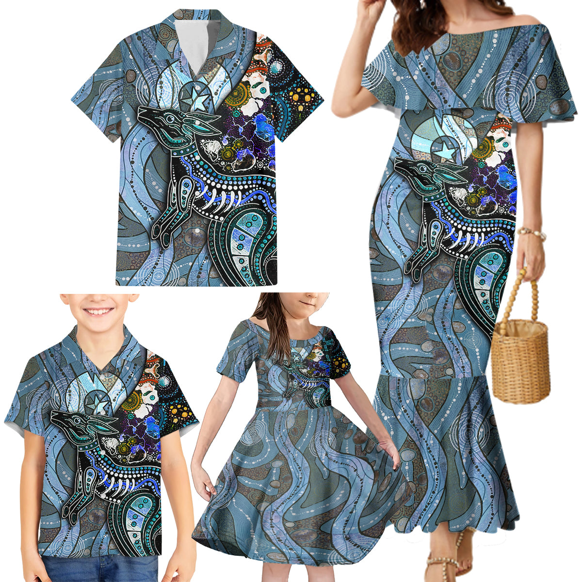 Kangaroo Aboriginal Pattern Dot Art Family Matching Mermaid Dress and Hawaiian Shirt
