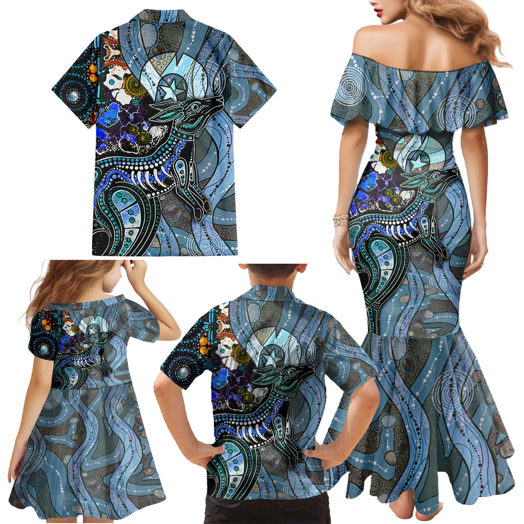Kangaroo Aboriginal Pattern Dot Art Family Matching Mermaid Dress and Hawaiian Shirt