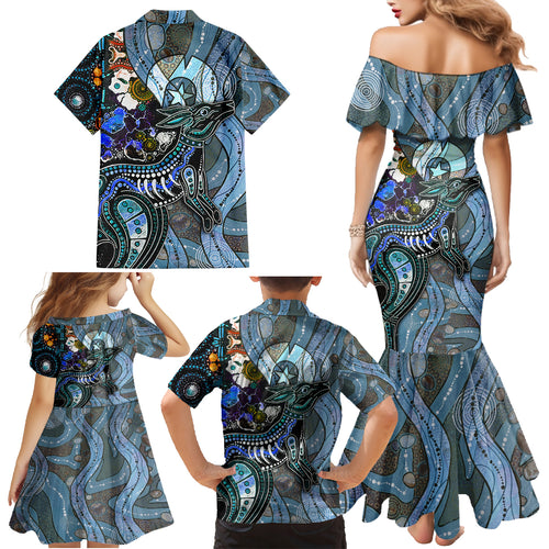 Kangaroo Aboriginal Pattern Dot Art Family Matching Mermaid Dress and Hawaiian Shirt