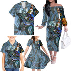 Kangaroo Aboriginal Pattern Dot Art Family Matching Off Shoulder Long Sleeve Dress and Hawaiian Shirt