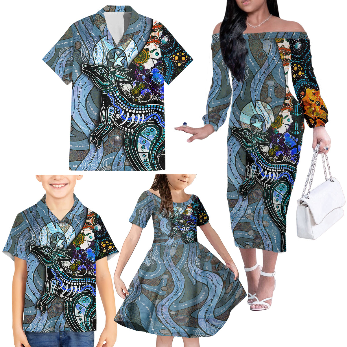 Kangaroo Aboriginal Pattern Dot Art Family Matching Off Shoulder Long Sleeve Dress and Hawaiian Shirt