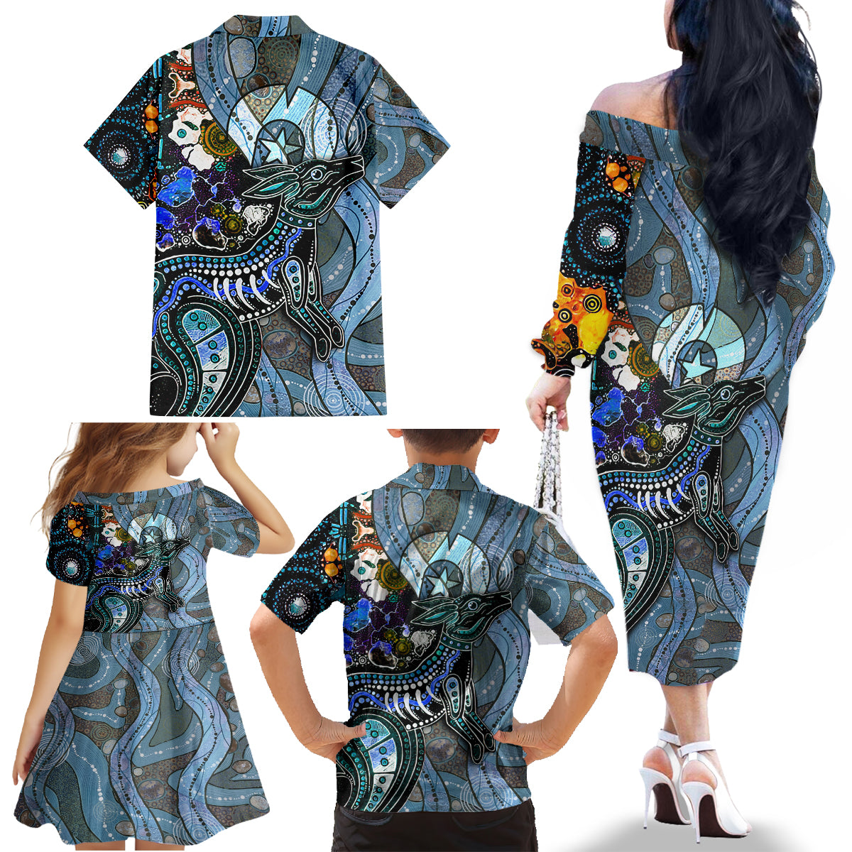 Kangaroo Aboriginal Pattern Dot Art Family Matching Off Shoulder Long Sleeve Dress and Hawaiian Shirt