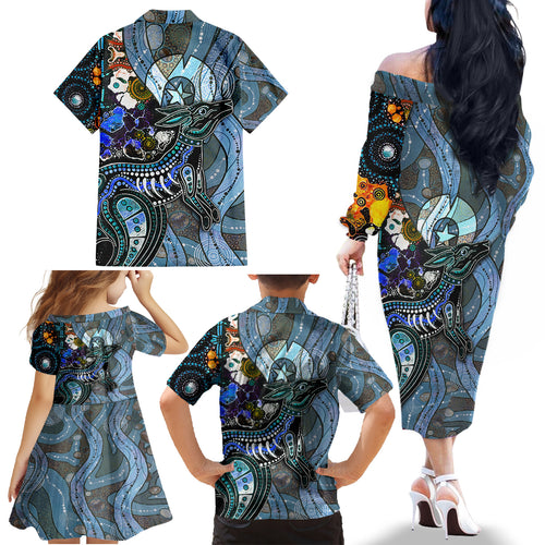 Kangaroo Aboriginal Pattern Dot Art Family Matching Off Shoulder Long Sleeve Dress and Hawaiian Shirt