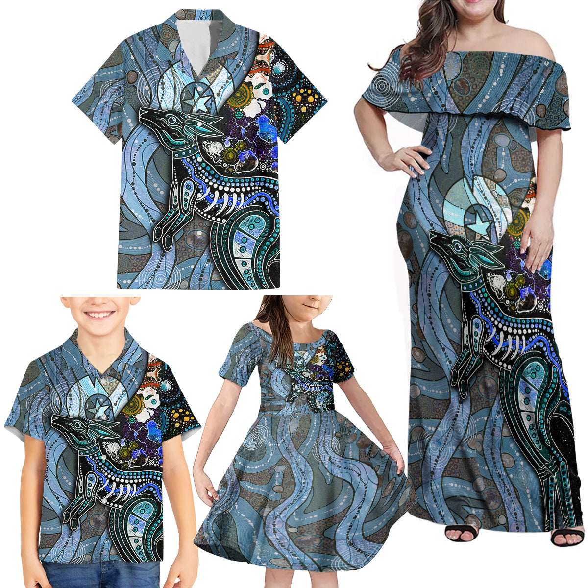 Kangaroo Aboriginal Pattern Dot Art Family Matching Off Shoulder Maxi Dress and Hawaiian Shirt