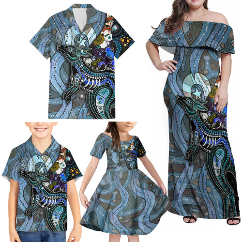 Kangaroo Aboriginal Pattern Dot Art Family Matching Off Shoulder Maxi Dress and Hawaiian Shirt