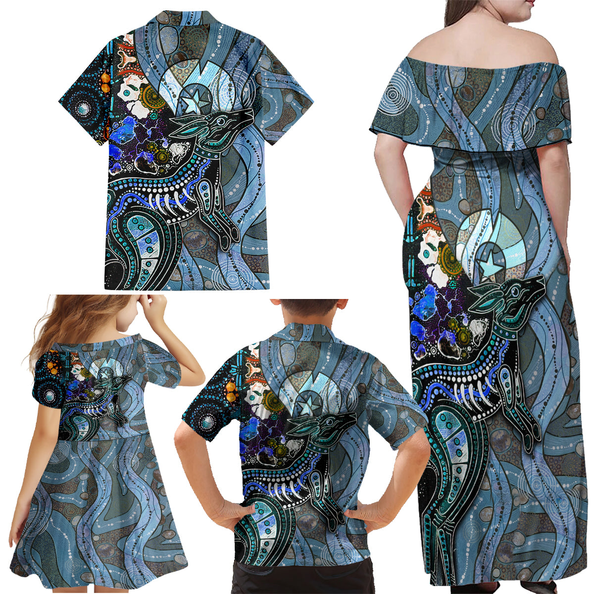 Kangaroo Aboriginal Pattern Dot Art Family Matching Off Shoulder Maxi Dress and Hawaiian Shirt