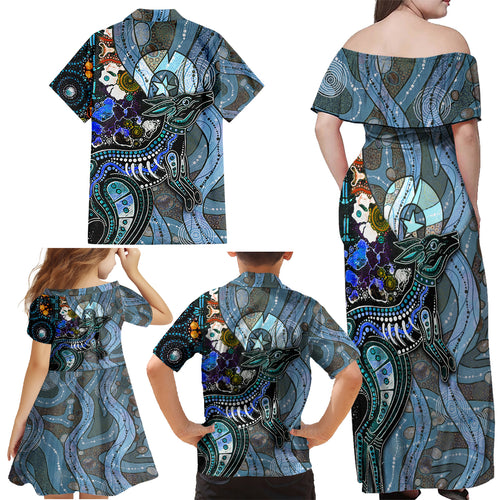 Kangaroo Aboriginal Pattern Dot Art Family Matching Off Shoulder Maxi Dress and Hawaiian Shirt