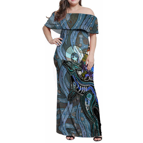 Kangaroo Aboriginal Pattern Dot Art Family Matching Off Shoulder Maxi Dress and Hawaiian Shirt