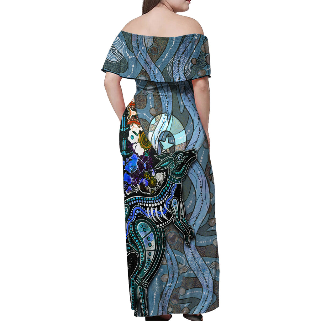 Kangaroo Aboriginal Pattern Dot Art Family Matching Off Shoulder Maxi Dress and Hawaiian Shirt