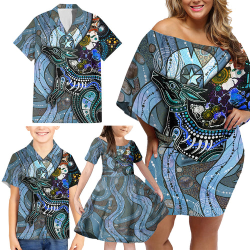 Kangaroo Aboriginal Pattern Dot Art Family Matching Off Shoulder Short Dress and Hawaiian Shirt