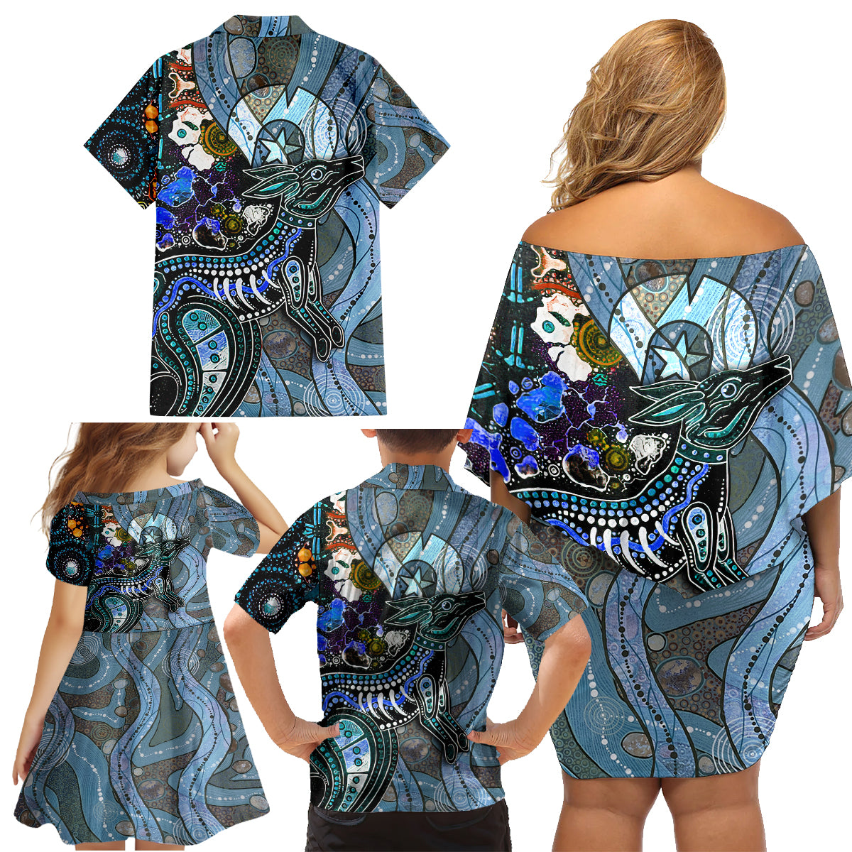 Kangaroo Aboriginal Pattern Dot Art Family Matching Off Shoulder Short Dress and Hawaiian Shirt