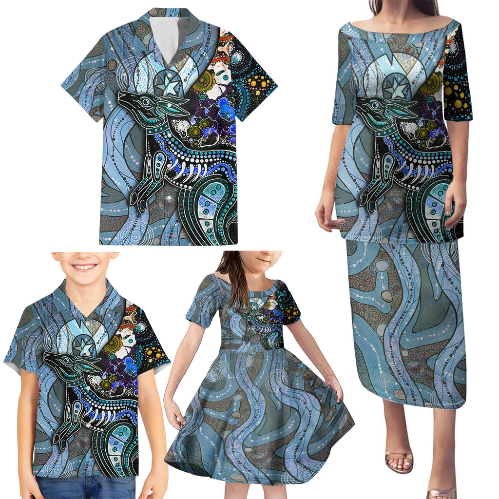 Kangaroo Aboriginal Pattern Dot Art Family Matching Puletasi and Hawaiian Shirt