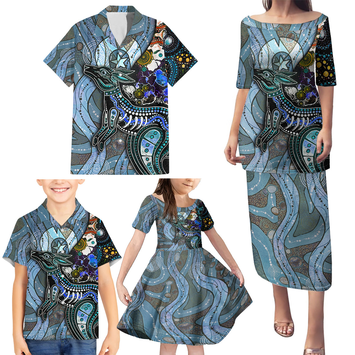 Kangaroo Aboriginal Pattern Dot Art Family Matching Puletasi and Hawaiian Shirt