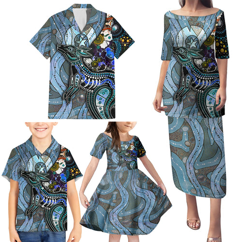 Kangaroo Aboriginal Pattern Dot Art Family Matching Puletasi and Hawaiian Shirt