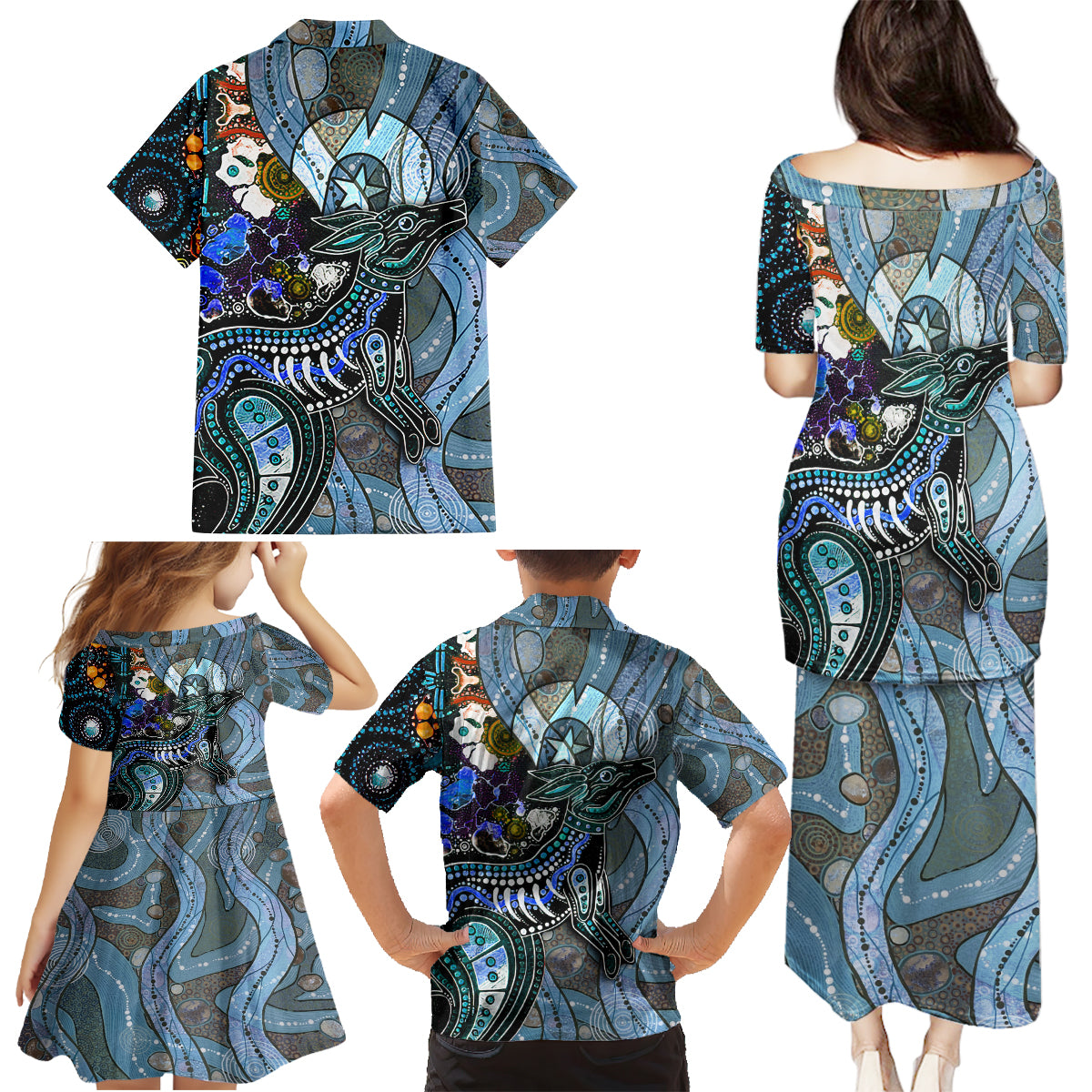 Kangaroo Aboriginal Pattern Dot Art Family Matching Puletasi and Hawaiian Shirt